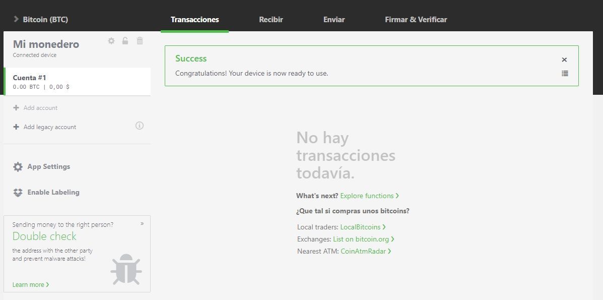 Monedero trezor one configurado