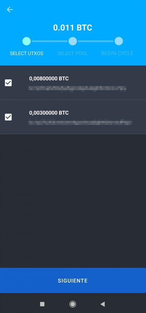 8 Seleccionar las UTXOs con las que se quiere hacer la transacción CoinJoin